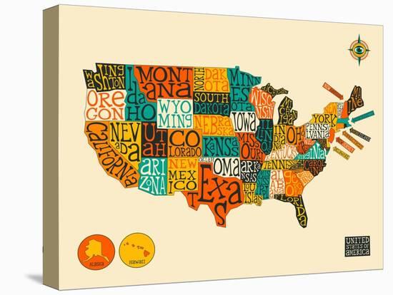 United States Typographic Map-Jazzberry Blue-Stretched Canvas
