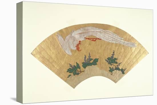 Unmounted Fan: Bird Diving onto Snow-Covered Bamboo, C.1700-60-Japanese School-Premier Image Canvas