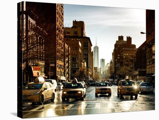 Urban Street Scene with NYC Yellow Taxis and One World Trade Center of Manhattan, Sunset in Winter-Philippe Hugonnard-Premier Image Canvas