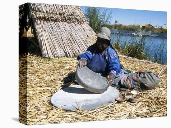 Uros (Urus) Woman Grinding Corn, Islas Flotantas, Reed Islands, Lake Titicaca, Peru, South America-Tony Waltham-Premier Image Canvas