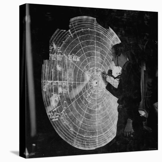 US Navy Technician Marking Radar Data on Chart, Tracking Enemy Japanese Ships in WWII Pacific-null-Premier Image Canvas