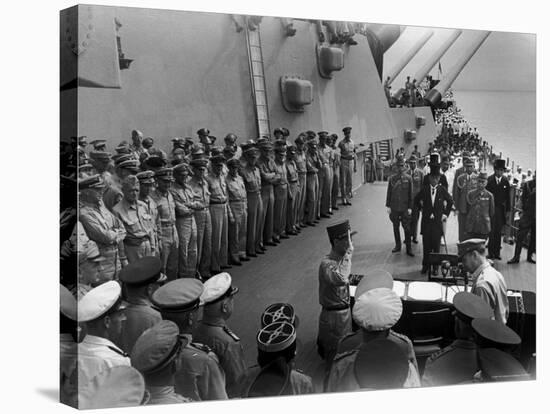 US Officers Line Deck of USS Missouri as Japanese Delegation Prepares to Sign Surrender Documents-Carl Mydans-Premier Image Canvas