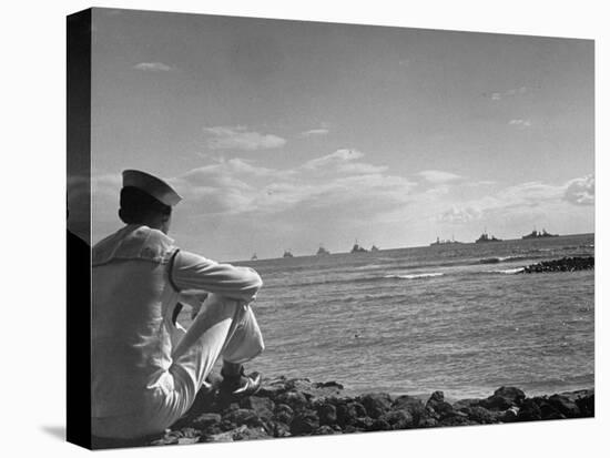 US Sailor Watching Navy Vessels on the Horizon-Carl Mydans-Premier Image Canvas