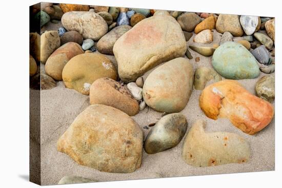 USA, California. Central Coast, Montecito, Butterfly Beach, drain and cobble eroded by King Tides-Alison Jones-Premier Image Canvas