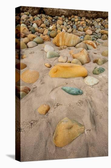 USA, California. Central Coast, Montecito, Butterfly Beach, drain and cobble eroded by King Tides-Alison Jones-Premier Image Canvas