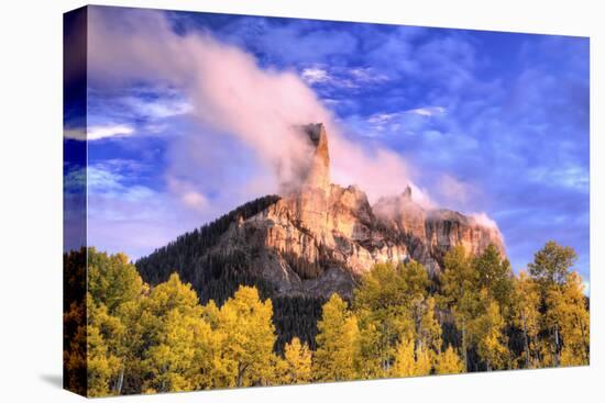 USA, Colorado, San Juan Mountains. Autumn aspen trees and Chimney Rock.-Jaynes Gallery-Premier Image Canvas