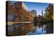 USA, Connecticut, Hartford, Bushnell Park, reflection of office buildings and Travelers Tower-Walter Bibikow-Premier Image Canvas