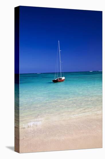 USA, Hawaii, Oahu, Sail Boat at Anchor in Blue Water with Swimmer-Terry Eggers-Premier Image Canvas