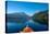 USA, Idaho, Redfish Lake. Kayak facing Sawtooth Mountains.-Janell Davidson-Premier Image Canvas