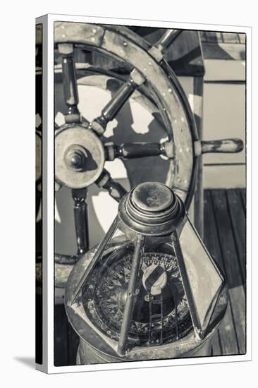 USA, Massachusetts, Cape Ann, Gloucester, schooner marine compass and ship's wheel-Walter Bibikow-Premier Image Canvas