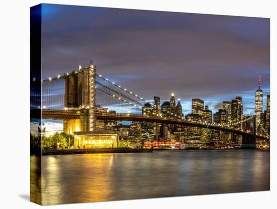 USA, New York. The Brooklyn Bridge and New York City skyline from DUMBO.-Hollice Looney-Premier Image Canvas