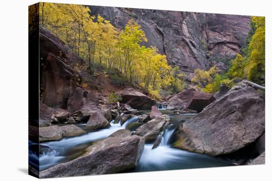 USA, Utah, Zion National Park. Canyon Waterfall with Cottonwood Trees-Jaynes Gallery-Premier Image Canvas