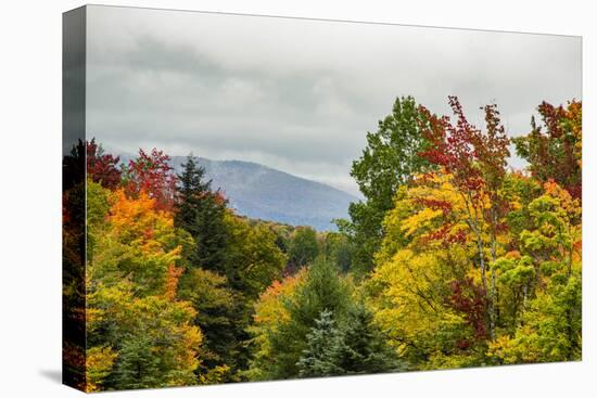 USA, Vermont, New England, Stowe Mt. Mansfield parking lot view with fog on mountains-Alison Jones-Premier Image Canvas