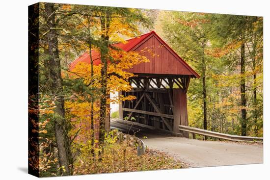 USA, Vermont, Stowe, Sterling Valley Road covered bridge in fall foliage-Alison Jones-Premier Image Canvas