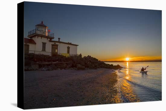 USA, Washington, Seattle. Kayaker Near Discovery Park Lighthouse-Gary Luhm-Premier Image Canvas