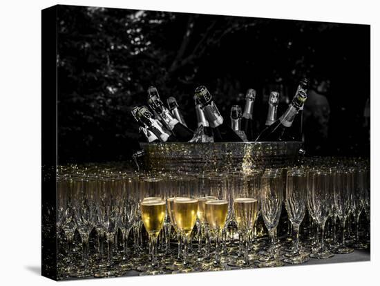 USA, Washington, Woodinville. Sparkling wine bottles and glasses ready for tasting at a wine event.-Richard Duval-Premier Image Canvas