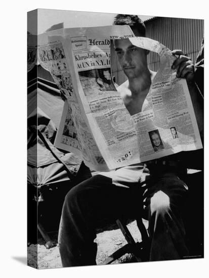 USMC Pfc Ronald M. Clarke Attempting to Read Heavily Censored New York Herald Tribune in Lebanon-Hank Walker-Premier Image Canvas