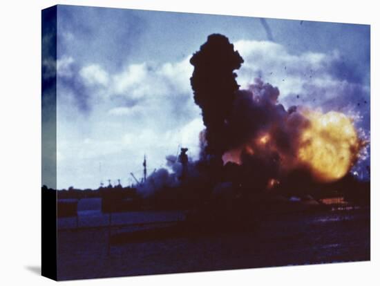 USS Arizona Burns at Pearl Harbor after Japanese Attack-null-Stretched Canvas
