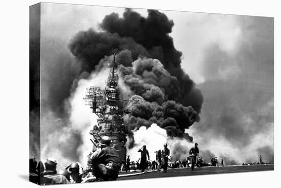 USS Bunker Hill Aircraft Carrier Burning after Two Kamikaze Strikes During the Battle of Okinawa-null-Stretched Canvas