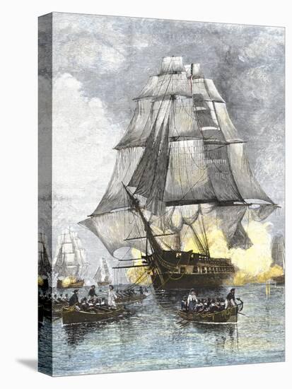 USS Constitution Being Towed in Rowboats Away from the Becalmed British Navy, War of 1812-null-Premier Image Canvas