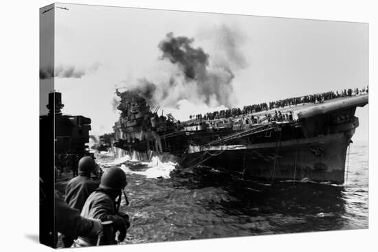 USS Franklin Aircraft Carrier on Fire and Listing after a Strike by a Japanese Dive Bomber-null-Stretched Canvas