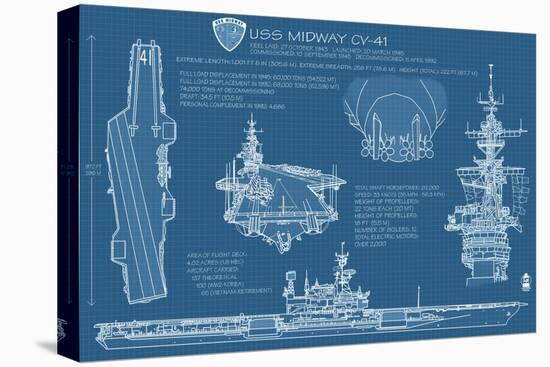 USS Midway Blue Print - San Diego, CA-Lantern Press-Stretched Canvas