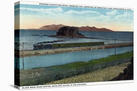 Utah - Train Crossing Lower End of Great Salt Lake, Black Rock, Antelope Island, c.1917-Lantern Press-Stretched Canvas