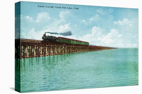 Utah, View of the Great Salt Lake Lucin Cut-off, Train on RR Bridge-Lantern Press-Stretched Canvas