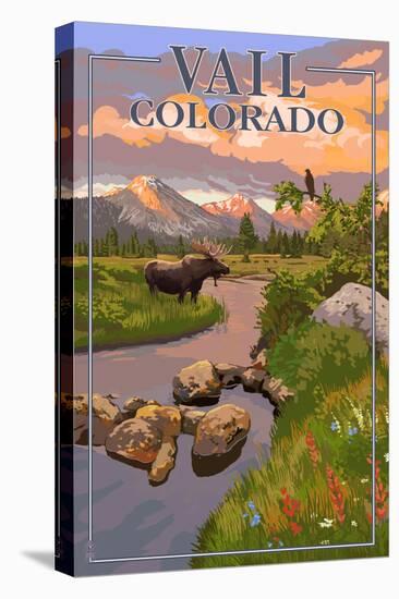 Vail, Colorado - Moose and Meadow Scene-Lantern Press-Stretched Canvas