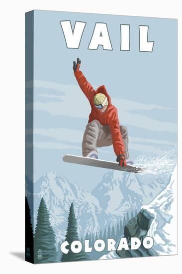 Vail, Colorado - Snowboarder Jumping-Lantern Press-Stretched Canvas