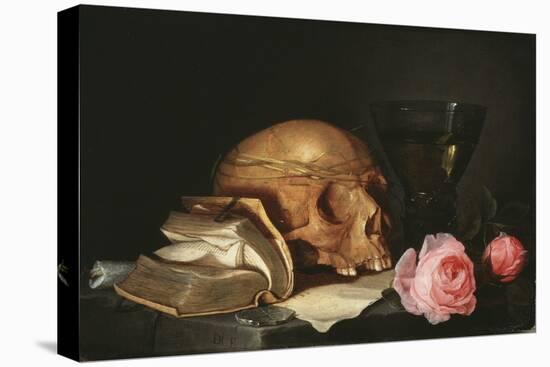 Vanite, Nature Morte Avec Un Crane, Un Livre Et Des Roses - Vanitas Still Life with a Skull, a Book-Jan Davidsz de Heem-Premier Image Canvas
