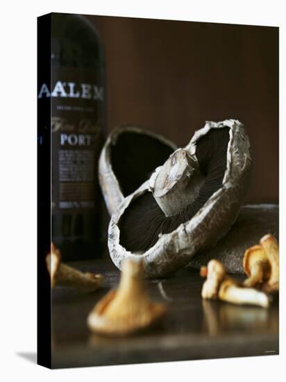 Various Types of Mushrooms in Front of Port Wine Bottle-Henrik Freek-Premier Image Canvas