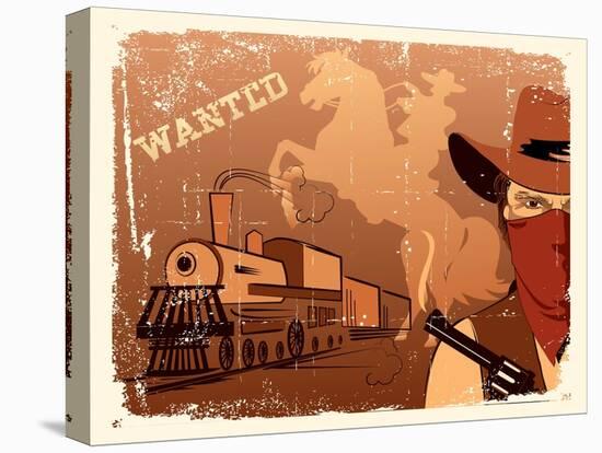 Vector Cowboy and Train. Western Grunge Poster-Tancha-Stretched Canvas