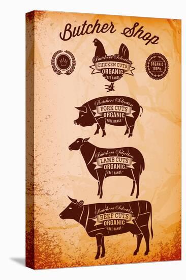 Vector Diagram Cut Carcasses Chicken, Pig, Cow, Lamb-111chemodan111-Stretched Canvas