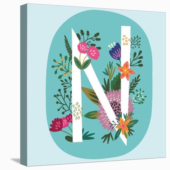 Vector Hand Drawn Floral Monogram with Vintage Amazing Flowers! Letters N Perfect for Backgrounds O-MarushaBelle-Stretched Canvas