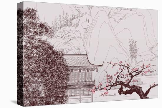 Vector Illustration of a Chinese Landscape in the Style of Old Chinese Painting-isaxar-Stretched Canvas