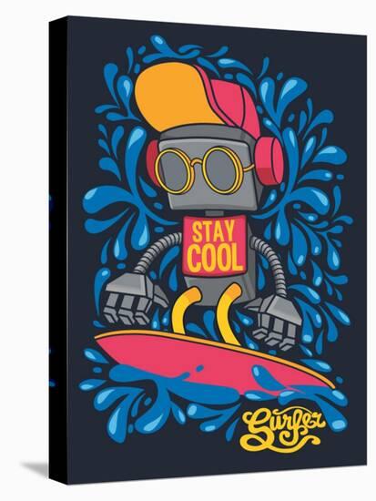 Vector Retro Robot on Surfboard, Surfer-braingraph-Stretched Canvas