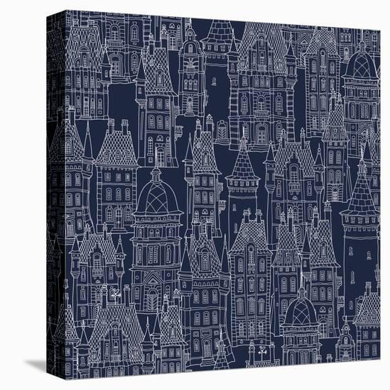 Vector Seamless Pattern of Fantasy Landscape. Fairy Tale Castle, Old Medieval Town. Hand Drawn Sket-L Kramer-Stretched Canvas