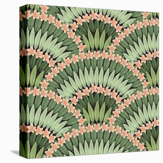 Vector Seamless Pattern of Hand Drawn Tropical Pink Flowers and Green Leaves on a Black Background-L Kramer-Stretched Canvas