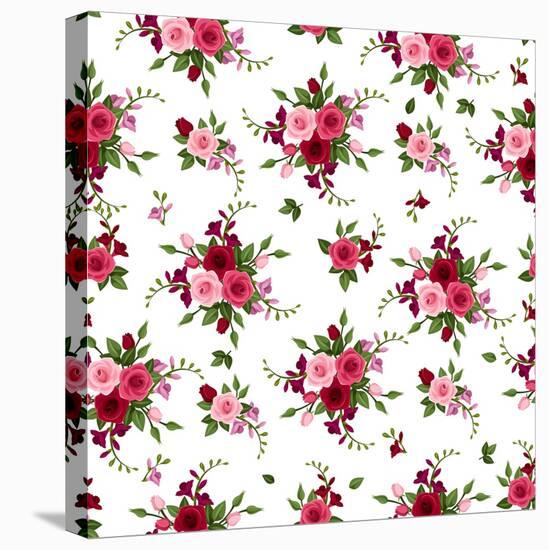 Vector Seamless Pattern Roses and Freesia.-Naddiya-Stretched Canvas