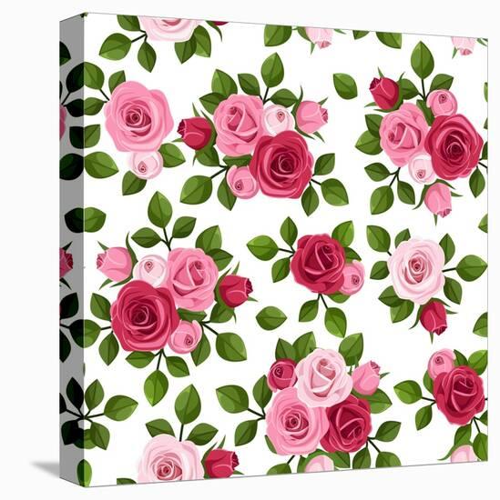 Vector Seamless Pattern with Red and Pink Roses on White.-Naddiya-Stretched Canvas