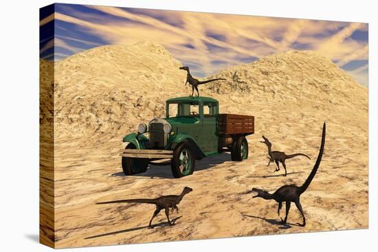 Velociraptors React Curiously to a 1930's American Pickup Truck-null-Stretched Canvas