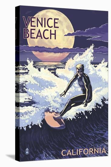 Venice Beach, California - Night Surfer-Lantern Press-Stretched Canvas