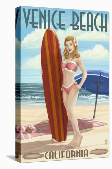 Venice Beach, California - Pinup Surfer Girl-Lantern Press-Stretched Canvas