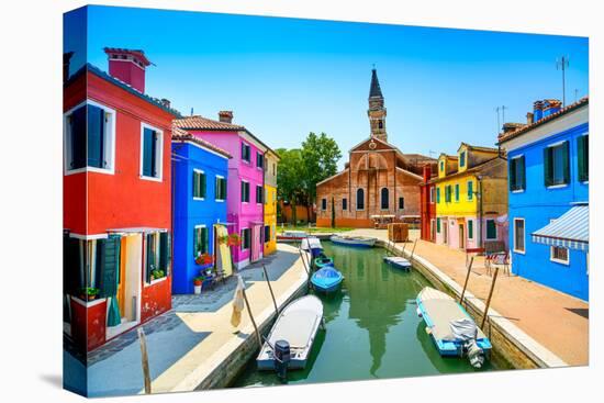 Venice Landmark, Burano Island Canal, Colorful Houses, Church and Boats, Italy-stevanzz-Premier Image Canvas