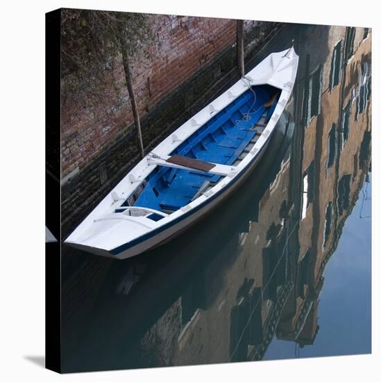 Venice Sense of Place. Blue and White Boat on Canal-Mike Burton-Premier Image Canvas