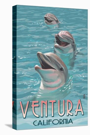 Ventura, California - Dolphins-Lantern Press-Stretched Canvas