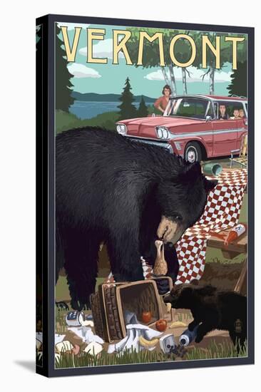 Vermont - Bear and Picnic Scene-Lantern Press-Stretched Canvas