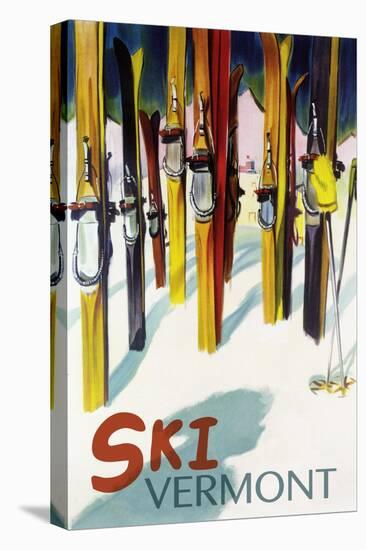 Vermont - Colorful Skis-Lantern Press-Stretched Canvas