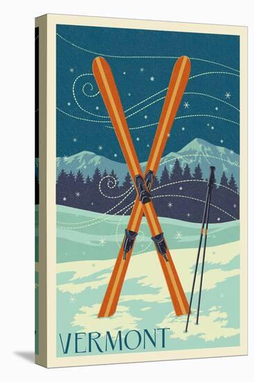 Vermont - Crossed Skis - Letterpress-Lantern Press-Stretched Canvas